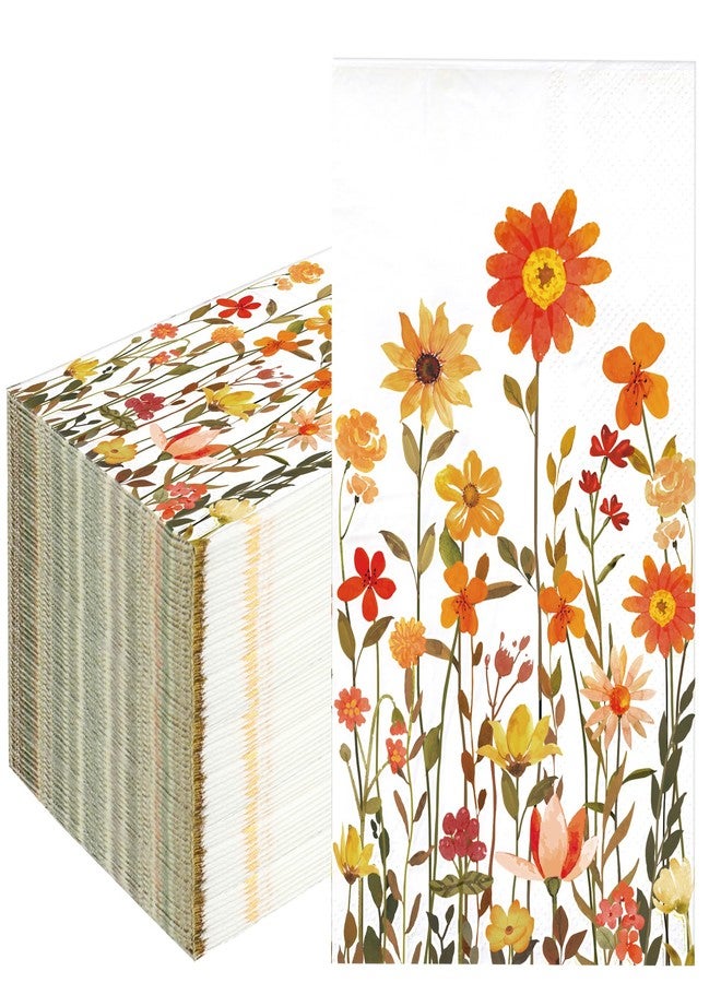 Maniaacer 50 Pcs Fall Floral Guest Napkins Disposable Autumn Paper Hand Towels 3 Ply Thanksgiving Watercolor Wildflower Dinner Napkins for Harvest Wedding Birthday Flower Themed Party Supplies, 4.3 x 7.9 Inch - Image 1